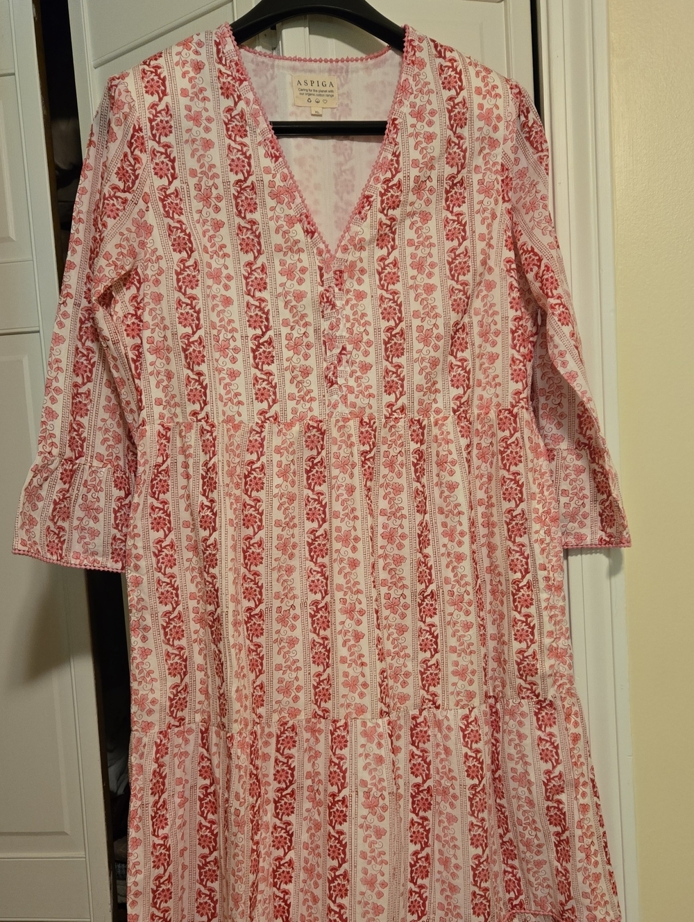 Aspiga Red & White Cotton V-Neck Tiered Dress